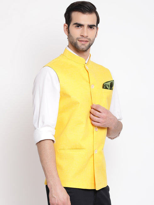 Men's Yellow Solid Classic Royal Cotton Blend Nehru Jacket